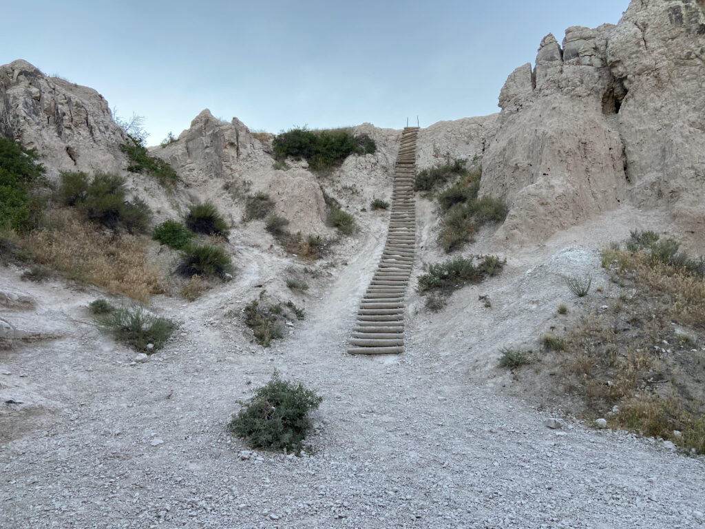 A ladder on a trail in Badlands National Park. 